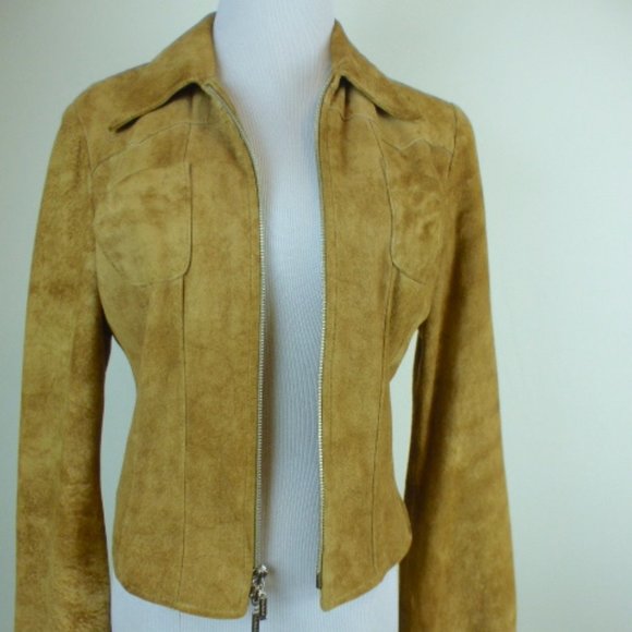 BEBE TIE DYE brown SUEDE LEATHER zip JACKET tan brown vintage retro S hippie - Picture 2 of 10